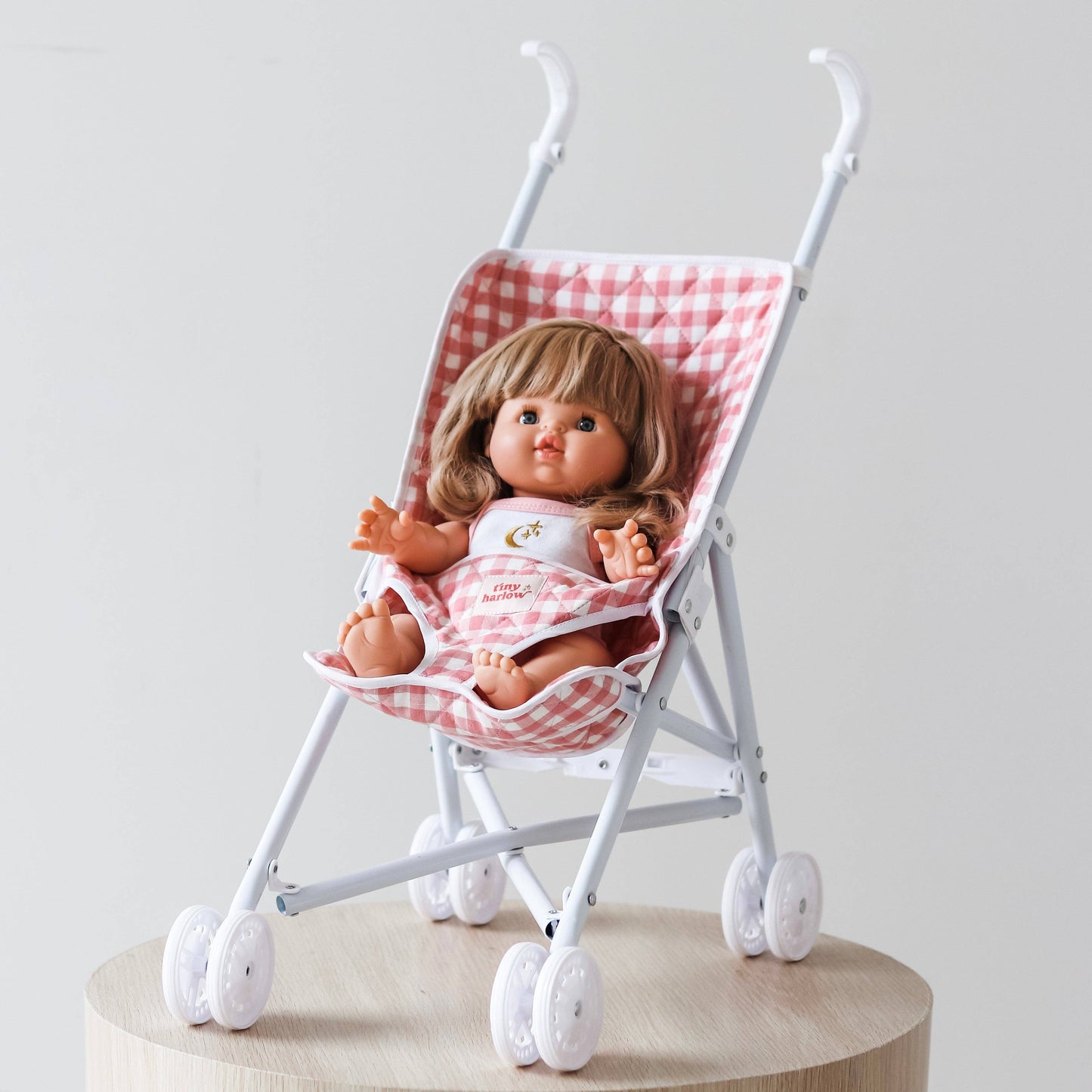 Folding Doll's Stroller - Pink Gingham Cover
