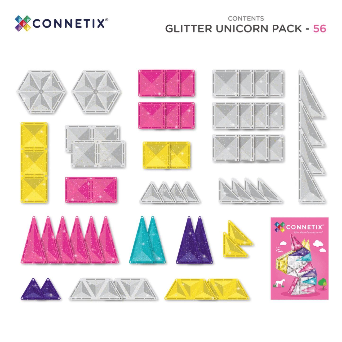 56pc Glitter Unicorn Pack - Connetix Tiles