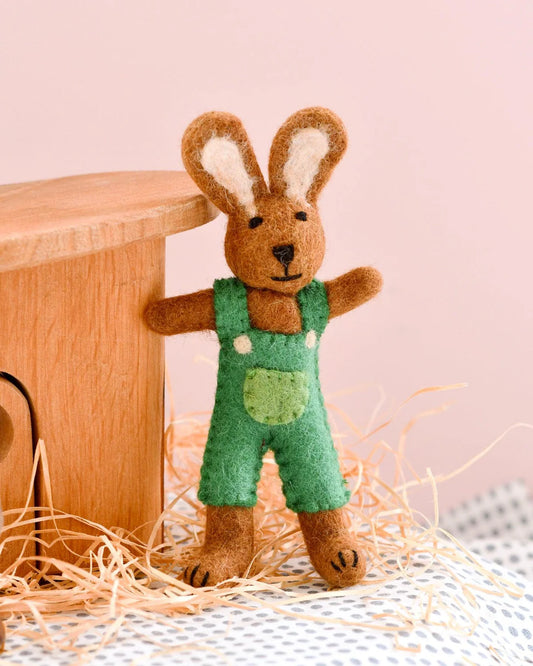 Felt Brown Hare Rabbit with Green Overalls toy