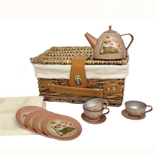 Fawn Tin Tea Set in a Wicker Basket