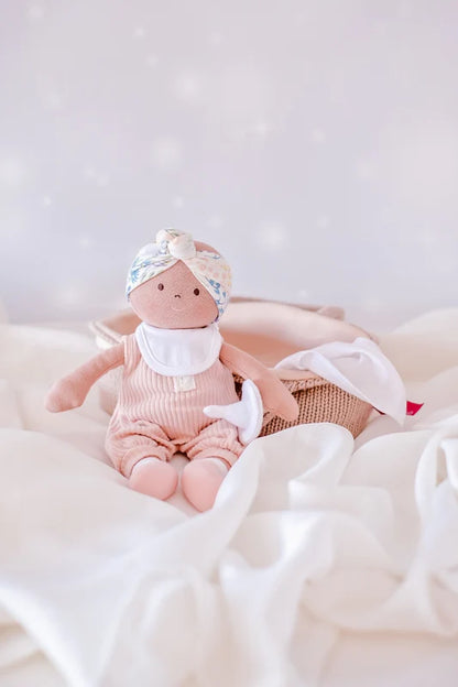 Soft Baby Doll with Knitted Cot - Pink outfit