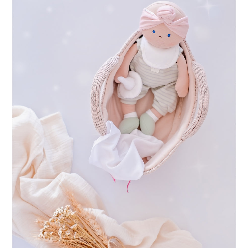 Soft Baby Doll with Knitted Carry Cot - Green outfit
