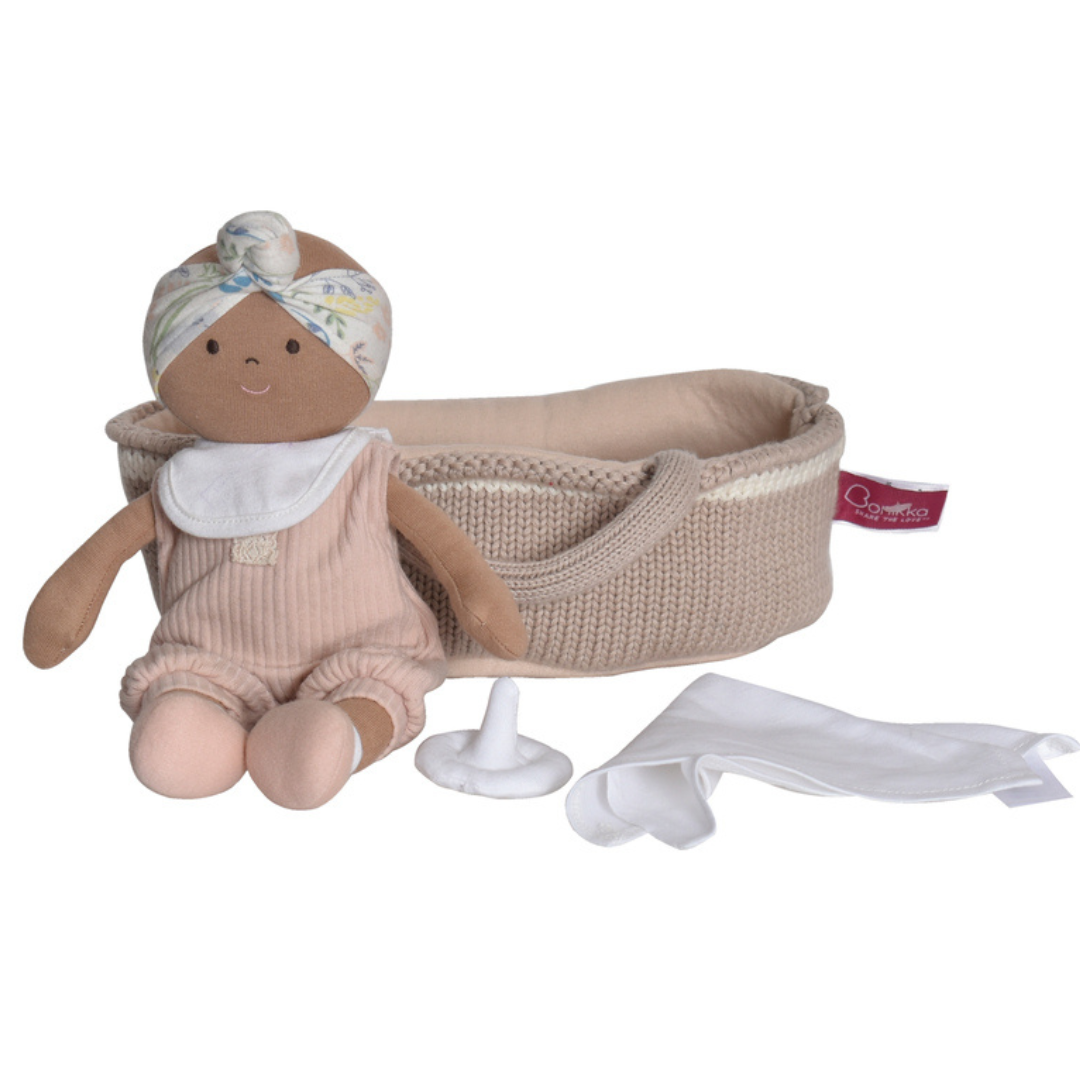 Soft Baby Doll with Knitted Cot - Pink outfit