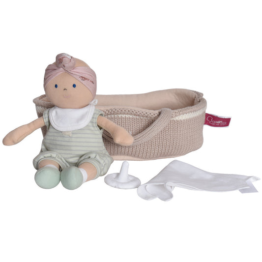 Soft Baby Doll with Knitted Carry Cot - Green outfit