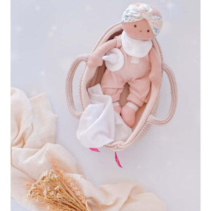 Soft Baby Doll with Knitted Cot - Pink outfit